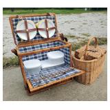 Woven Wicker Picnic Basket Including Cups, Saucers, And Utensils, And Woven Wine Basket