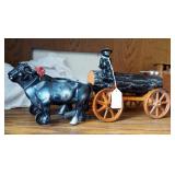 Antique Cast Iron Ox Drawn Log Wagon Toy, 14in Long