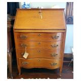 Antique Solid Oak Drop Front Four Drawer Writing Desk With Bowed Front Drawers, 39in x27.5in x18in