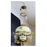 Antique Hand Painted Victorian Glass Hanging Lamp With Prisms And Brass Accents, 36in