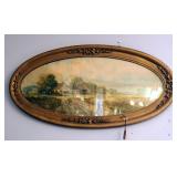 Antique Oval Wood Framed Farm Print Under Glass, 16in x32in
