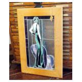 Wood Framed Leaded Stained Glass Sun Panel With Art Deco Style 31.5in x21.2in