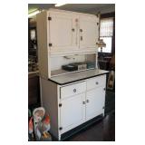 Antique Solid Wood Bakers Cabinet With Flour Sifter Box, Metal Bread Box, Roll Top Cabinet And Ename