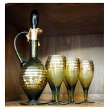 Vintage Romanian Glass Wine Decanter With Six Matching Stemmed Glasses