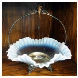 Antique Glass Ruffled Bridal Bowls With Metal Handled Trays And Silver Plate Spoons, Qty 2