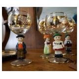 Vintage Goebel Hummel Figurine Wine Glasses With Gold Rim, Qty 7, Includes Round Silver Plate Platte