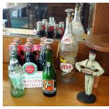 Cast Iron Coca Cola Bell Hop Door Stop, Vintage Family Size Glass Vess Bottle With Sprinkler Top, Co