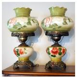 Matching Vintage Hand Painted 18in Hurricane Lamps