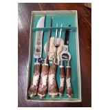 Antique Baron Solingen German 4 Piece Carving Set With Stag Horn Handles With Box And Felt Lined Fla