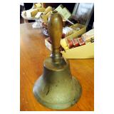 Antique Brass Teachers Hand Bell With Wood Handle, 10in Tall x6.75in Diameter
