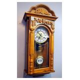 D&A Maple Key Wound Pendulum Wall Clock With Carved Floral Accents, 27in x11in