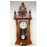 Carved Wood Key Wound Pendulum Wall Clock With Horse Crown, 33in x 14in x 7.5in, Includes Key