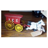 Antique Cast Iron Fire Engine, Two Horse Hitch, And Antique Ice Wagon