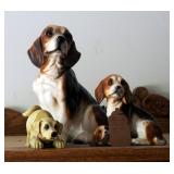 Porcelain Beagle Family Statuettes, Qty 2, And Labrador Business Card Holder