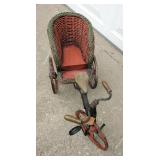 Antiqued Wicker Tricycle Carriage With Porcelain Soft Bodied Doll