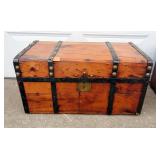 Antique Wood Storage Trunks With Metal Strapping, Qty 2, 14in x 27.5in x 16in And 16.5in x 28in x 15
