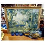 Antique Framed Greek Garden Scene Print, 18.5in x 22in, Hand Blown Art Glass Swan Bowl, And Blue Gla