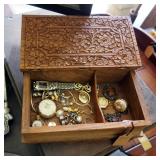 Hand Carved Jewelry Box With Costume Jewelry Including Earrings, Pendants, Rings, Perfume Bottle Pen