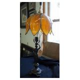 Brass Lady Lamp With Stained Glass Tulip Shade, 28in Tall