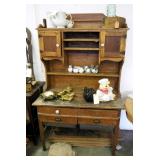 Antique Four Drawer Possum Belly Cabinet With Porcelain Handles And Galvanized Metal Bins, 70in x 41