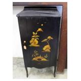 Painted Wood Record Cabinet With Oriental Motif, 38in x 18.5in x 13.5in