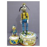 Marx 1946 Walt Disney Donald Duck And Goofy Duet Tin Wind Up Toy, Goofy Dances And Donald Drums When