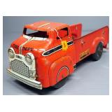 Structo Dump Truck, Buddy L Sand And Stone Dump Truck, And 2 Metal Fire Trucks