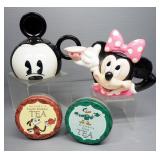 Mickey Mouse Sugar Bowl, Enesco Minnie Mouse Creamer, And Disney Tea Tins With Tea