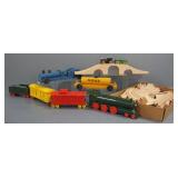 Plastic Train Track Set With 2 Train Cars And Wood Train Car Collection, Includes 2 Engines, Box Car