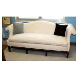 Century Furniture Company, Upholstered Sofa With Rolled Arms And Asian Motif, 34in x 88in x 33in