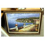 Oil On Canvas Waterway Scene With Decorative Frame 29.5in x 41in