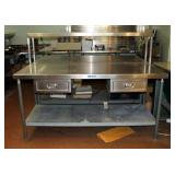 Stainless Steel 2 Drawer Prep Tables, Mounted Together With Stainless Steel Shelf