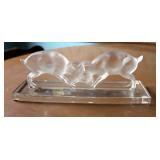 Lalique Crystal Sculpture Featuring Fighting Rams, 3.5in Tall x 10in Wide x 3.75 in Deep, Made In Fr
