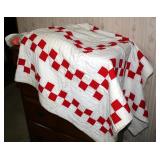 Handstitched Red And White Checkered Patch Quilt With Flannel Side Panels, 74in x 60in