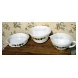 Vintage Federal Milk Glass Maple Leaf Pattern Dishes Qty 3, Fire King 2 Qt Lusterware Casserole With