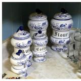 Ceramic Canister Set In Blue Onion Pattern Qty 5, And Vintage Metal Mail Sorter