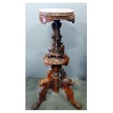 Carved Wood Pedestal With Deer And Hunting Dog Design And Stone Top
