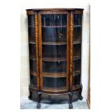 Antique Curio Cabinet With Curved Glass Door And Sides, 4 Shelves, Claw Feet With Wheels, Includes K
