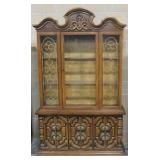 Vintage Illuminated China Cabinet With Single Glass Door On Hutch, 2 Shelves, And Lower Storage Area
