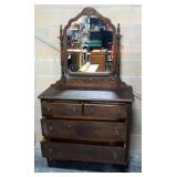 Antique 4-Drawer Dresser With Pivoting Mirror, On Wheels, Dovetail Construction, 72" High x 40" Wide