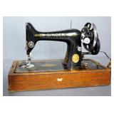 1923 Singer Sewing Machine In Wood Case, With Attachments