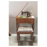1937 Singer Sewing Machine In Sewing Table, With Bench, Paperwork And Some Attachments, Powers On (D