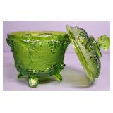 Green Glass Sugar Bowl And Double-Handled Jar, Both Approx 5.5" High