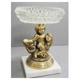 Pedestalled Glass Bowls With Gold Tone Images Of Children, One With Stone Base, 9" And 7.5" High, Qt