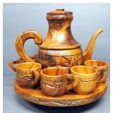 Filipino Hand-Carved Wood Tea Set On Lazy Susan Stand, Includes Teapot And 8 Teacups