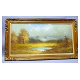 Original Oil On Canvas Of Mountain Scene, Artist Name Undeciphered, Framed, 56" Wide x 32.25" High