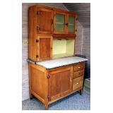 Antique Solid Oak Two Piece Bakers Cabinet With Enamel Ware Slide Out Counter, Frosted Glass Door Pa