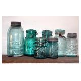 Vintage Blue Glass Canning Jars Including Ball And Atlas, Qty 6