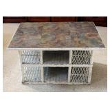 Cottage Style Painted Wicker Coffee Table With Laminate Top And Storage Shelves, 21in x 36.5in x 24.