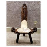 Carved Wood Birthing Chair With Hair On Hide Seat And Back And Nail Head Trim, 31in x 19in x 16in